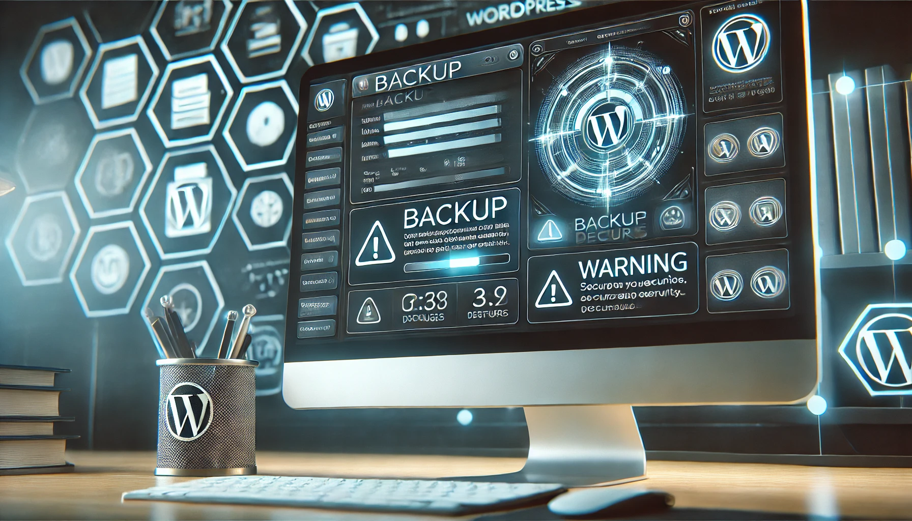 WordPress backup sučelje s prikazom statusa i upozorenjima, naglašava probleme s backup-om i restauracijom podataka.