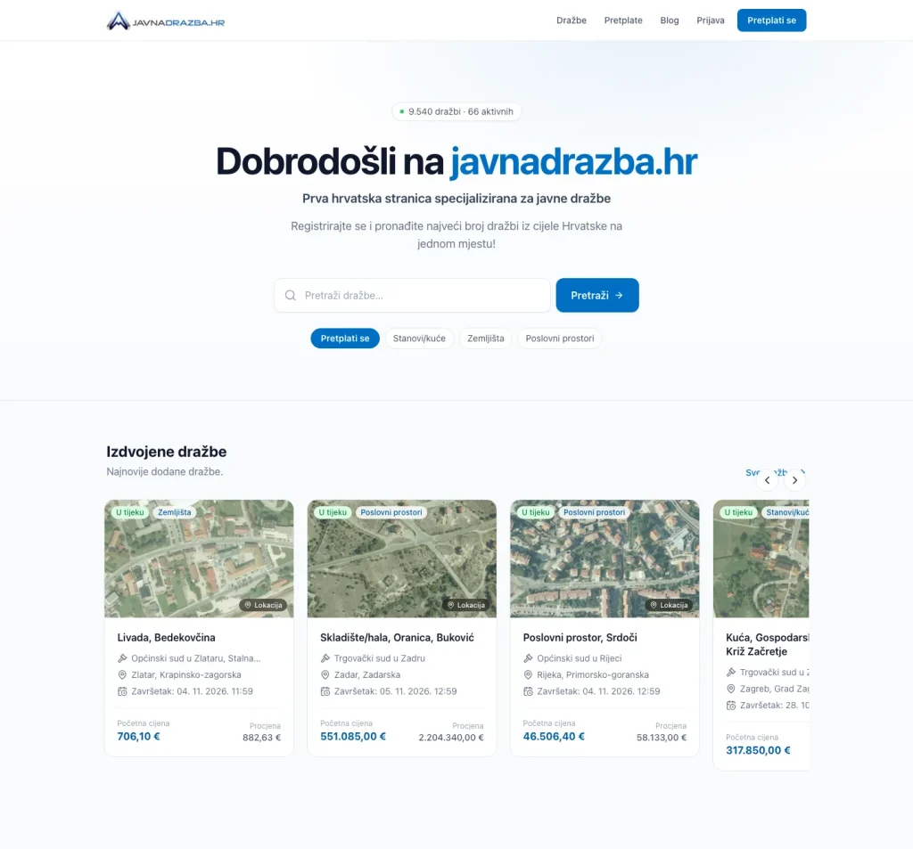 Javnadrazba.hr – naslovnica s pretragom i izdvojenim dražbama