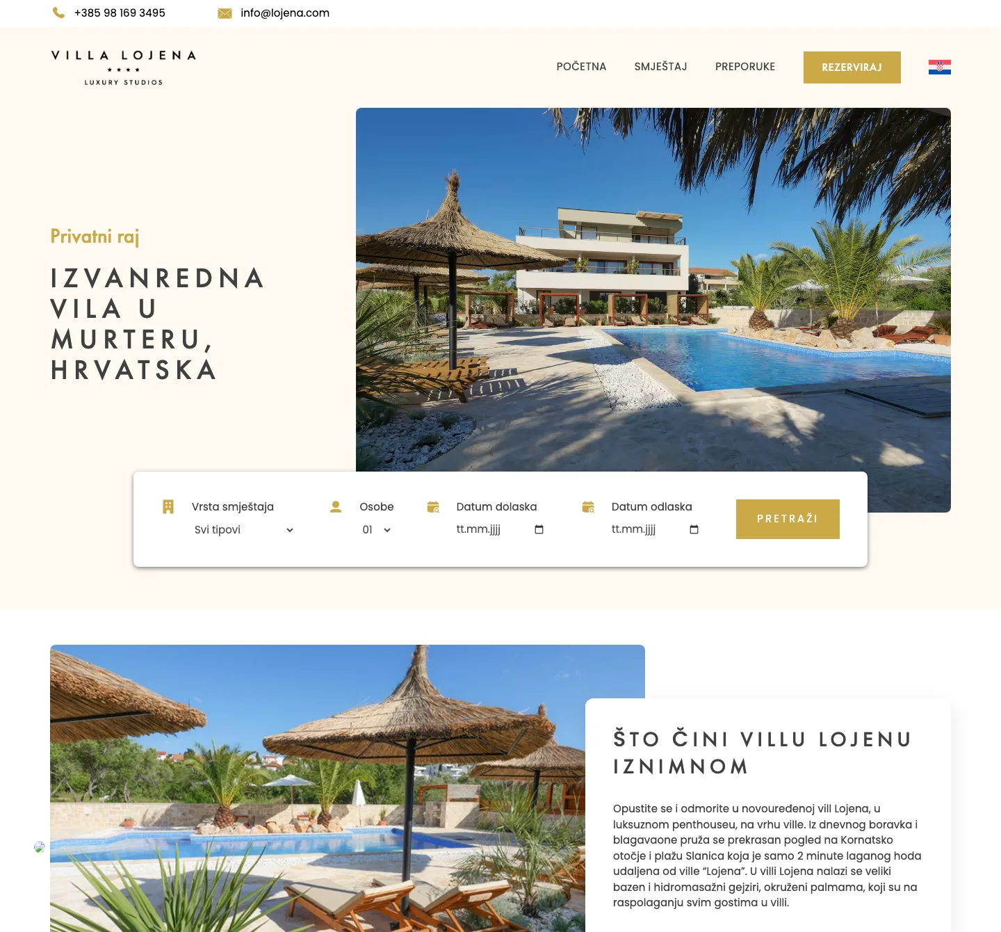 Villa Lojena – naslovnica s pretragom po datumima na računalu