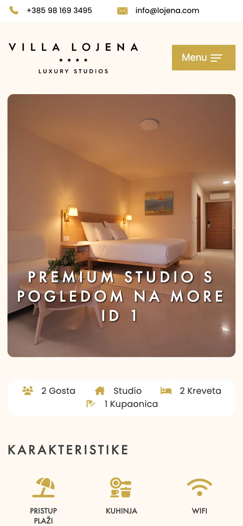 Villa Lojena – stranica premium studija s pogledom na more na mobitelu