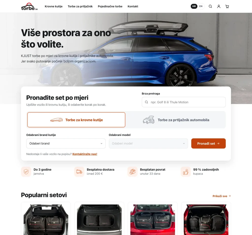 Torbe.hr – naslovnica s pretragom seta torbi po vozilu