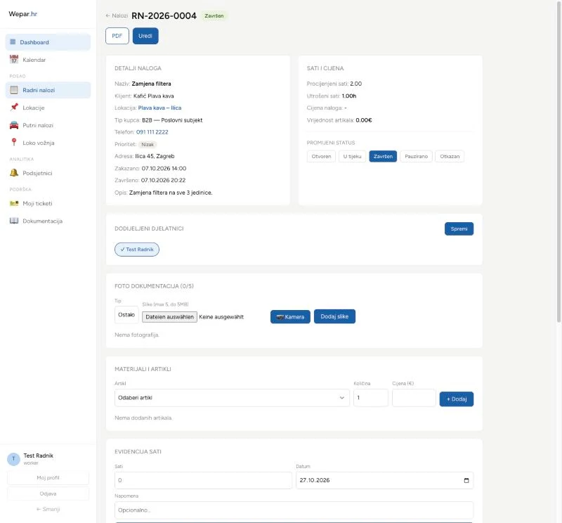 Wepar – radni nalog s detaljima, satima i statusom na računalu