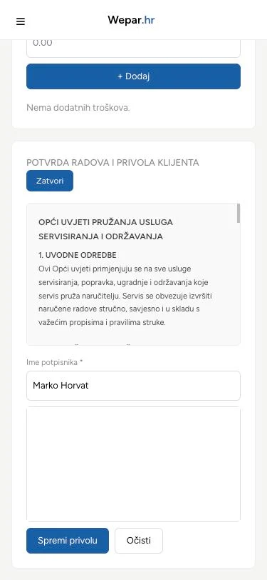 Wepar – potvrda radova i potpis klijenta na mobitelu